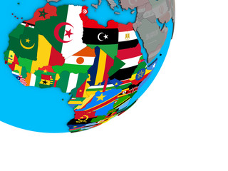 Africa with national flags on blue political 3D globe.