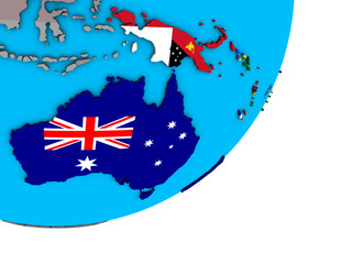 Australia with national flags on blue political 3D globe.