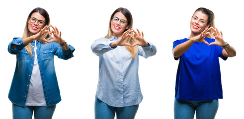 Obraz premium Collage of young beautiful woman wearing glasses over isolated background smiling in love showing heart symbol and shape with hands. Romantic concept.