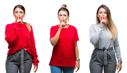 Obraz premium Collage of young beautiful woman over isolated background asking to be quiet with finger on lips. Silence and secret concept.