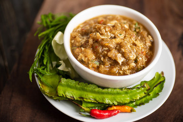 Northern Thai food (Mob Poo), spicy soup with crab, egg and vegetables