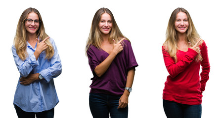 Collage of young beautiful blonde woman over isolated background cheerful with a smile of face pointing with hand and finger up to the side with happy and natural expression on face