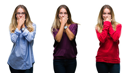 Collage of young beautiful blonde woman over isolated background shocked covering mouth with hands for mistake. Secret concept.