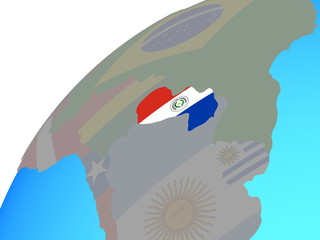 Paraguay with embedded national flag on globe.