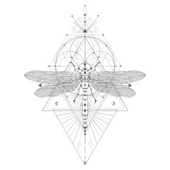 Vector illustration with hand drawn dragonfly and Sacred geometric symbol on white background. Abstract mystic sign. Black linear shape. For you design: tattoo, print, posters, t-shirts, textiles.