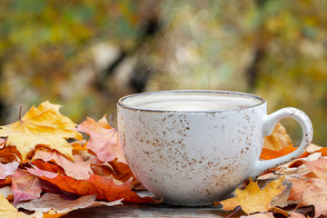 Naklejka na ściany i meble Autumn, fall leaves, hot steaming cup of coffee on wooden table background. Seasonal, morning coffee, Sunday relaxing and still life concept. With copy space for text