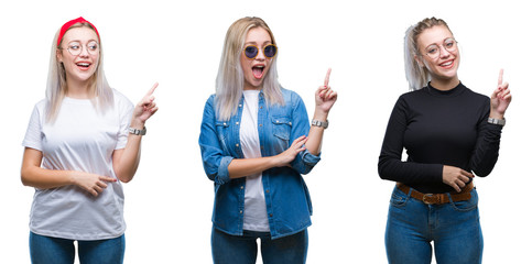Collage of beautiful blonde young woman wearing glasses over isolated background with a big smile on face, pointing with hand and finger to the side looking at the camera.