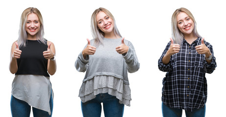 Collage of beautiful blonde young woman over isolated background approving doing positive gesture with hand, thumbs up smiling and happy for success. Looking at the camera, winner gesture.