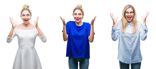 Fototapeta premium Collage of young beautiful blonde woman over isolated background celebrating crazy and amazed for success with arms raised and open eyes screaming excited. Winner concept