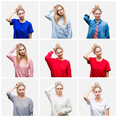 Collage of young beautiful blonde woman over white isolated background confuse and wonder about question. Uncertain with doubt, thinking with hand on head. Pensive concept.