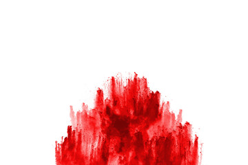 Freeze motion of red powder exploding, isolated on white background. Abstract design of red dust cloud. Particles explosion screen saver, wallpaper