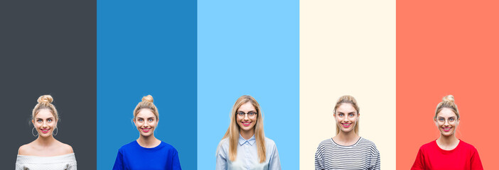Obraz premium Collage of young beautiful blonde woman over vivid colorful vintage stripes isolated background with a happy and cool smile on face. Lucky person.