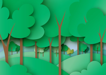 Fototapeta premium Ekologia i środowisko koncepcja z zielonym lasem i natura krajobraz tło sztuka tło. Ilustracja wektorowa.