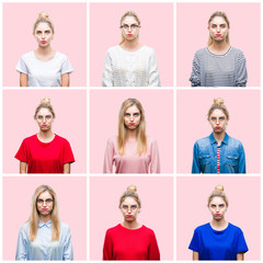 Fototapeta na wymiar Collage of young beautiful blonde woman over pink isolated background puffing cheeks with funny face. Mouth inflated with air, crazy expression.
