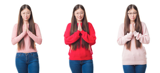 Fototapeta premium Collage of young beautiful Chinese woman over isolated background praying with hands together asking for forgiveness smiling confident.