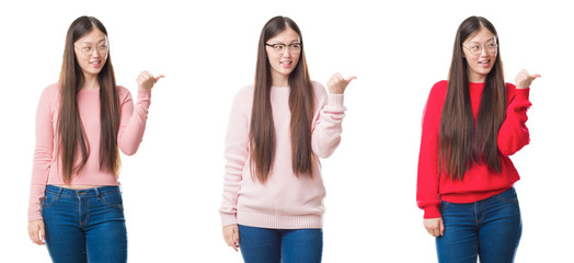 Fototapeta premium Collage of young beautiful Chinese woman over isolated background smiling with happy face looking and pointing to the side with thumb up.