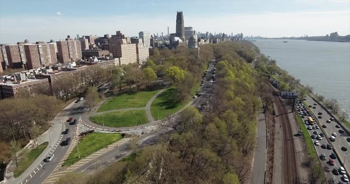 Morningside Heights Aerial Flyover Traffic On Henry Hudson Parkway