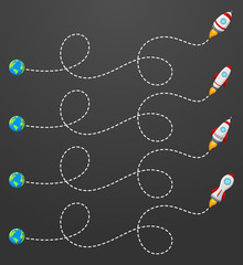 Flying rocket with a dotted line route