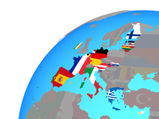 Eurozone member states with embedded national flags on globe.