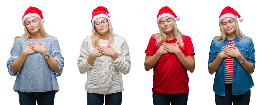 Collage of young beautiful blonde woman wearing christmas hat over white isolated backgroud smiling with hands on chest with closed eyes and grateful gesture on face. Health concept. © Krakenimages.com