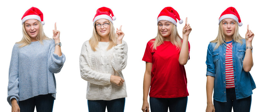 Collage of young beautiful blonde woman wearing christmas hat over white isolated backgroud pointing finger up with successful idea. Exited and happy. Number one.
