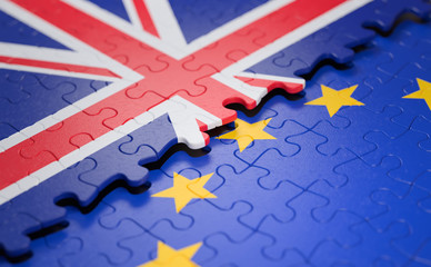 Flag of the United Kingdom and the European Union in the form of puzzle pieces in concept of...