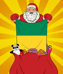 Santa Claus gets national flag of Guinea out of the bag with toys in pop art style. Illustration of new year in pop art style