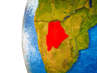 Botswana highlighted on 3D Earth with visible countries and watery oceans.