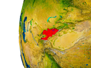 Kyrgyzstan highlighted on 3D Earth with visible countries and watery oceans.