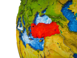 Turkey highlighted on 3D Earth with visible countries and watery oceans.