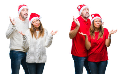 Collage of middle age mature beautiful couple wearing christmas hat over white isolated background clueless and confused expression with arms and hands raised. Doubt concept.