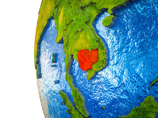 Cambodia highlighted on 3D Earth with visible countries and watery oceans.