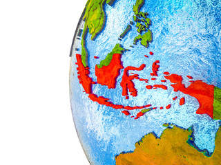 Indonesia highlighted on 3D Earth with visible countries and watery oceans.