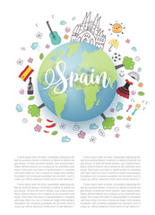 Spain world map for tourist and travel postcard or poster, advertising and brocure with Spain landmarks. Vector illustration.