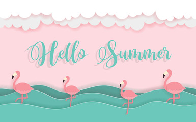 Hello summer concept with beach and boat paper egret, color full paper art vector illustration.