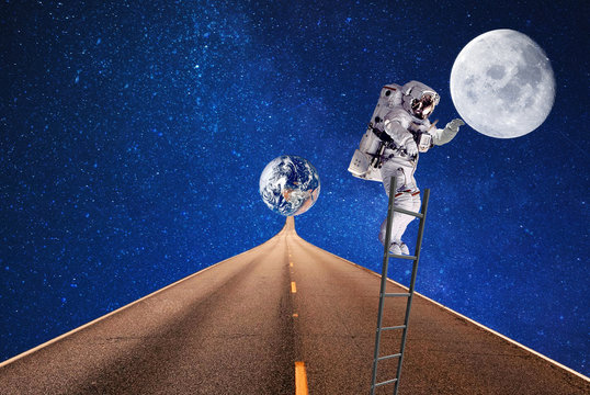 space travel on moon.tourism in outer space.astronaut on ladder.elements of this image furnished by NASA