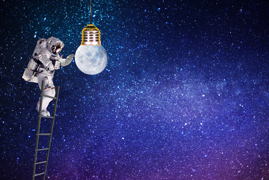 the cosmonaut lighting space moonlight witch ladder.elements of this image furnished by NASA