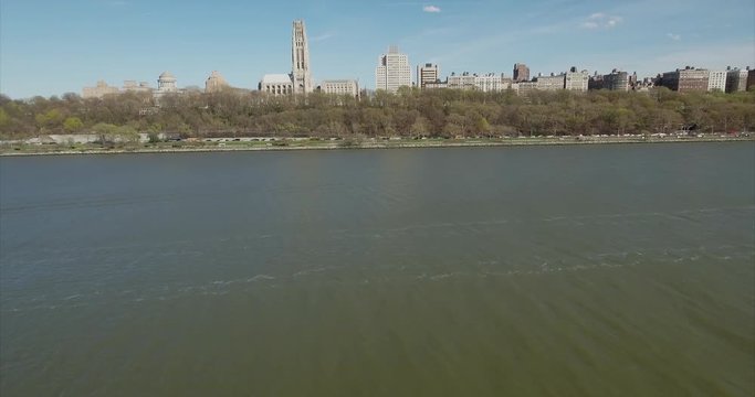 Flyover Hudson River Towards Morningside Heights 