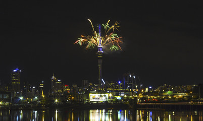 Auckland Night View from St Marys Bay Beach, Auckland New Zealand; Fireworks New Year Celebration