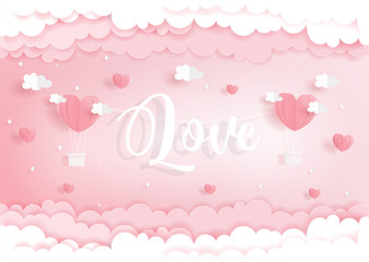 Love concept with heart balloons in paper cut style, Valentine's card, Wedding card. Vector illustration.