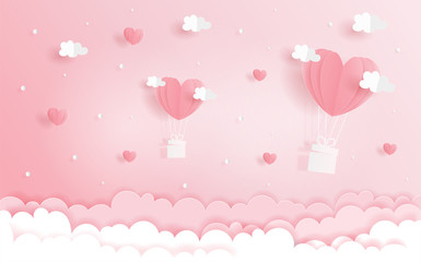 Love concept with heart balloons in the sky, Valentine's and wedding card in paper cut style vector illustration.