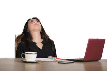 beautiful sad and depressed Asian Korean business woman working in stress at office computer desk...