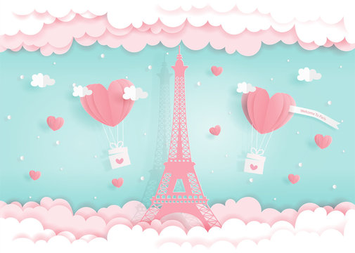 Honeymoon, love concept for travel advertising with Eiffel Tower in Paris, France, paper cut style vector 