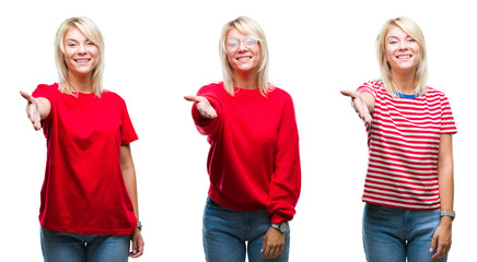 Collage of beautiful blonde woman wearing casual red over isolated background smiling friendly offering handshake as greeting and welcoming. Successful business.