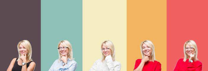 Collage of beautiful blonde woman over vintage isolated background looking confident at the camera with smile with crossed arms and hand raised on chin. Thinking positive.