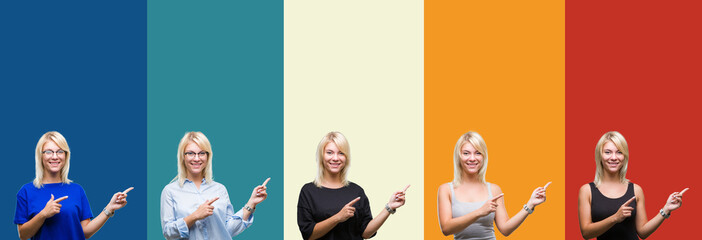 Collage of beautiful blonde woman over colorful vintage isolated background smiling and looking at the camera pointing with two hands and fingers to the side.