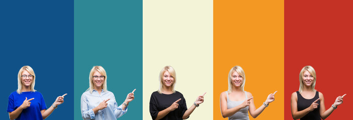 Obraz premium Collage of beautiful blonde woman over colorful vintage isolated background smiling and looking at the camera pointing with two hands and fingers to the side.