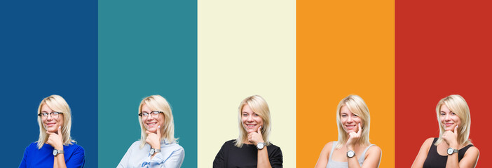 Fototapeta premium Collage of beautiful blonde woman over colorful vintage isolated background looking confident at the camera with smile with crossed arms and hand raised on chin. Thinking positive.