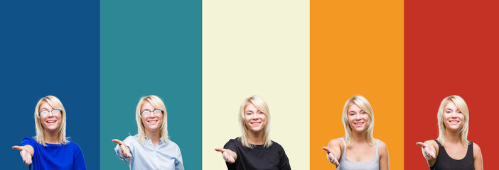 Obraz premium Collage of beautiful blonde woman over colorful vintage isolated background smiling friendly offering handshake as greeting and welcoming. Successful business.