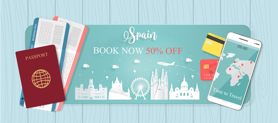 Travel banner with passport and tickets, World famous landmark trip in Spain, from discount 50% off. Vector illustration.